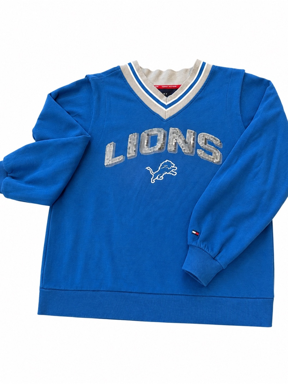 Tommy Hilfiger Blue Detroit Lions V-Neck Sweatshirt with sequins